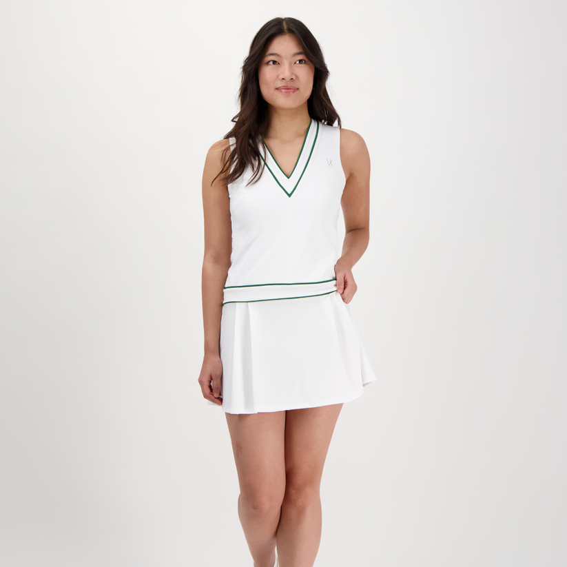 Kim Dress Retro-Inspired V-Neck Tennis Dress with Stretch White/Green / S Kim Dress Retro-Inspired V-Neck Tennis Dress with Stretch White/Green / S